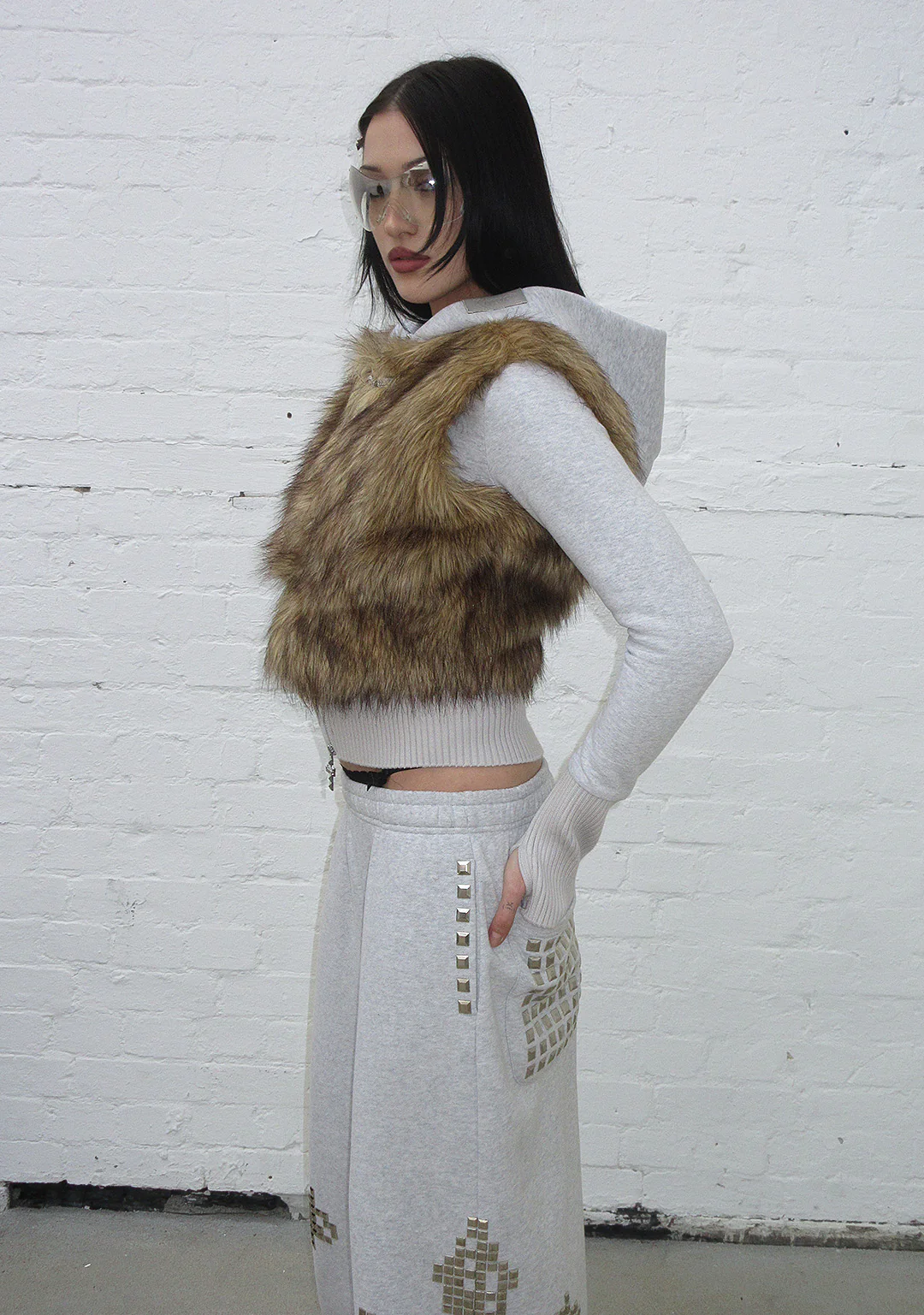 FAITHFUL FAUX FUR VEST AND FITTED ZIP HOODIE TWO PIECE SET GREY MARL - Image 3