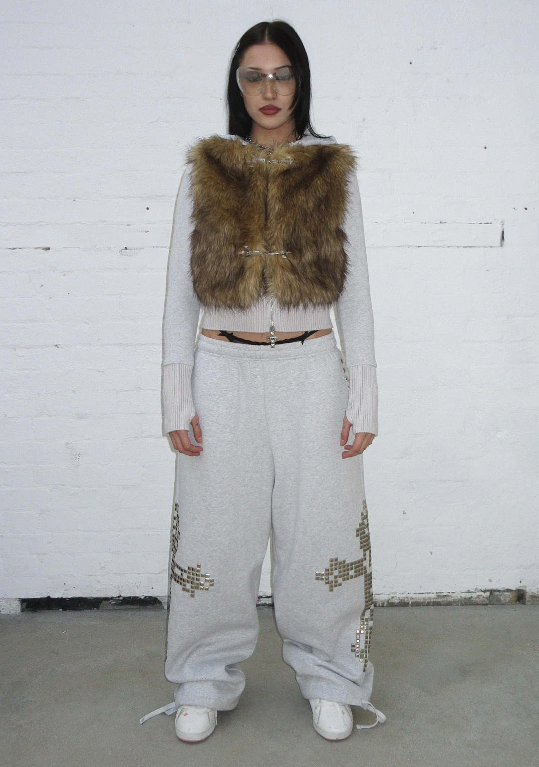 FAITHFUL FAUX FUR VEST AND FITTED ZIP HOODIE TWO PIECE SET GREY MARL - Image 6