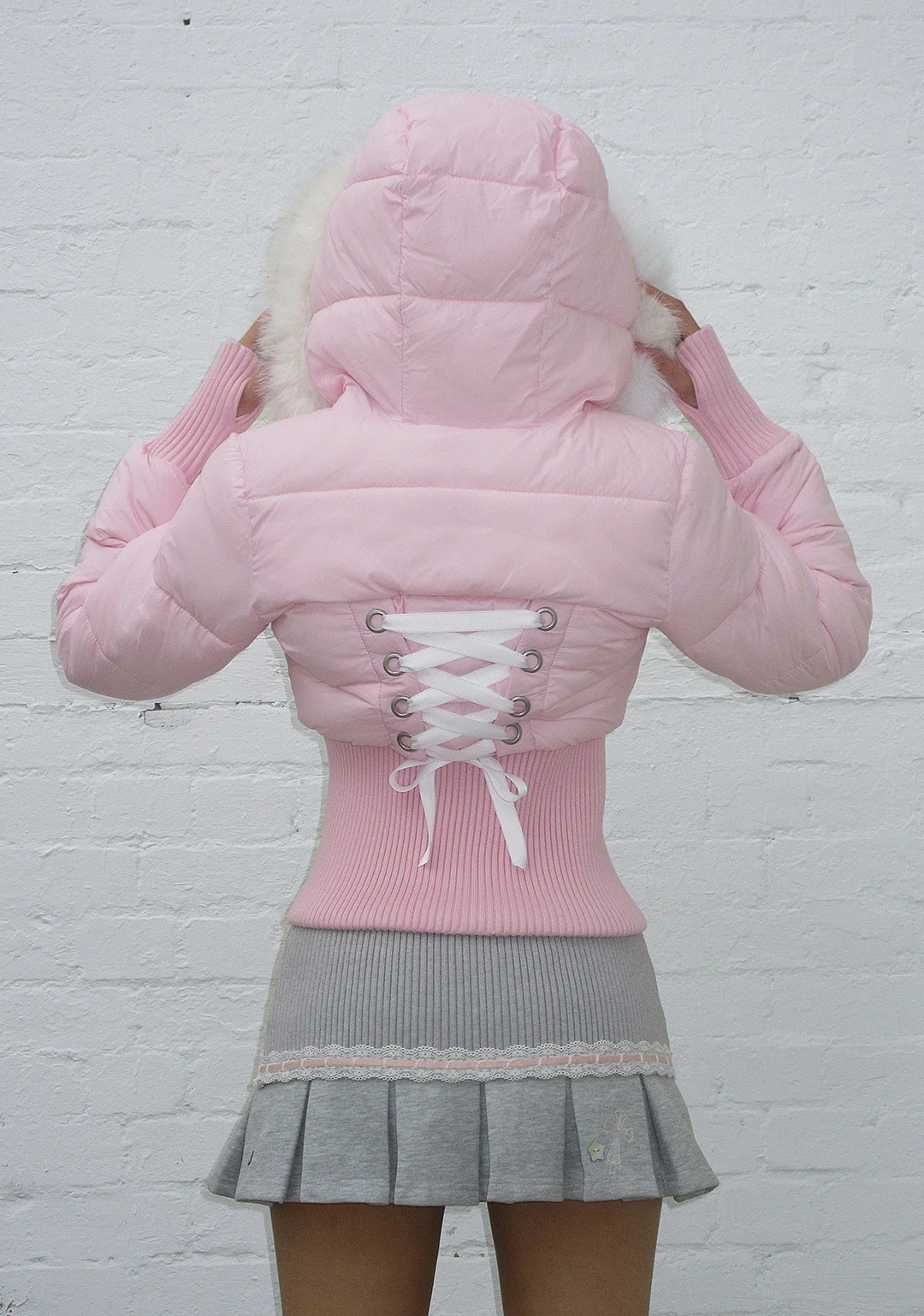 FALLEN FAUX FUR REVERSIBLE RIB PUFFER JACKET BABY PINK AND WHITE - Image 6