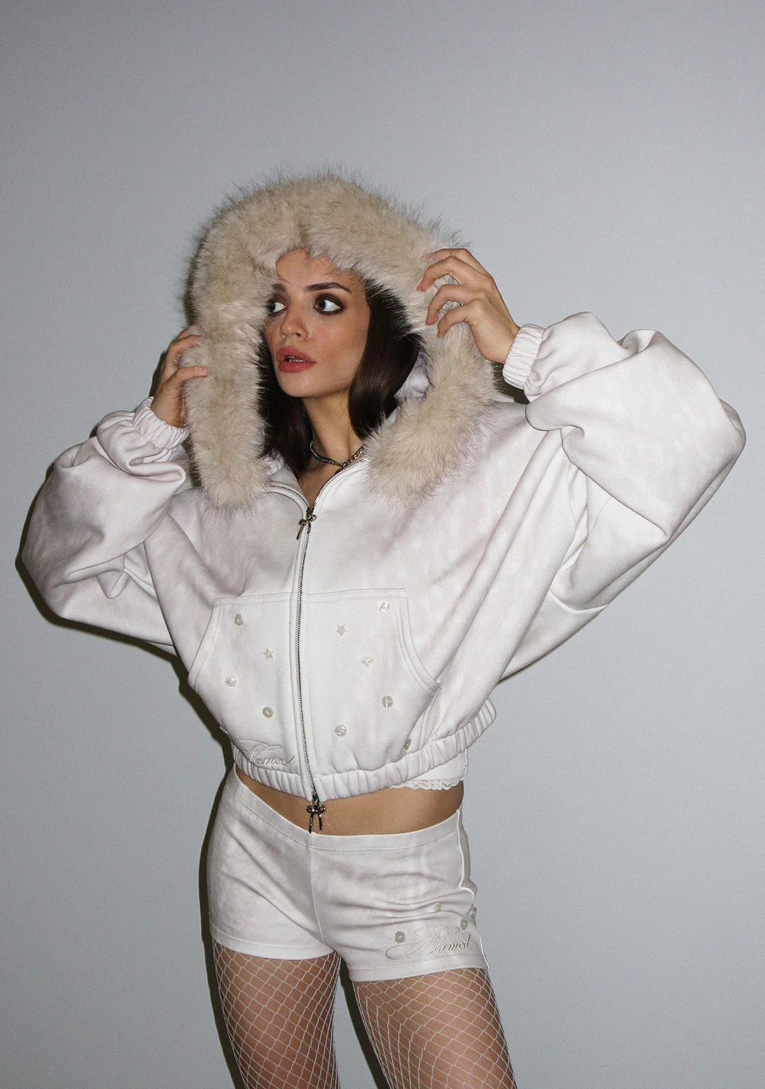 FAWN FAUX FUR CROP ZIP HOODIE OFF WHITE (DETACHABLE FUR) - Image 3