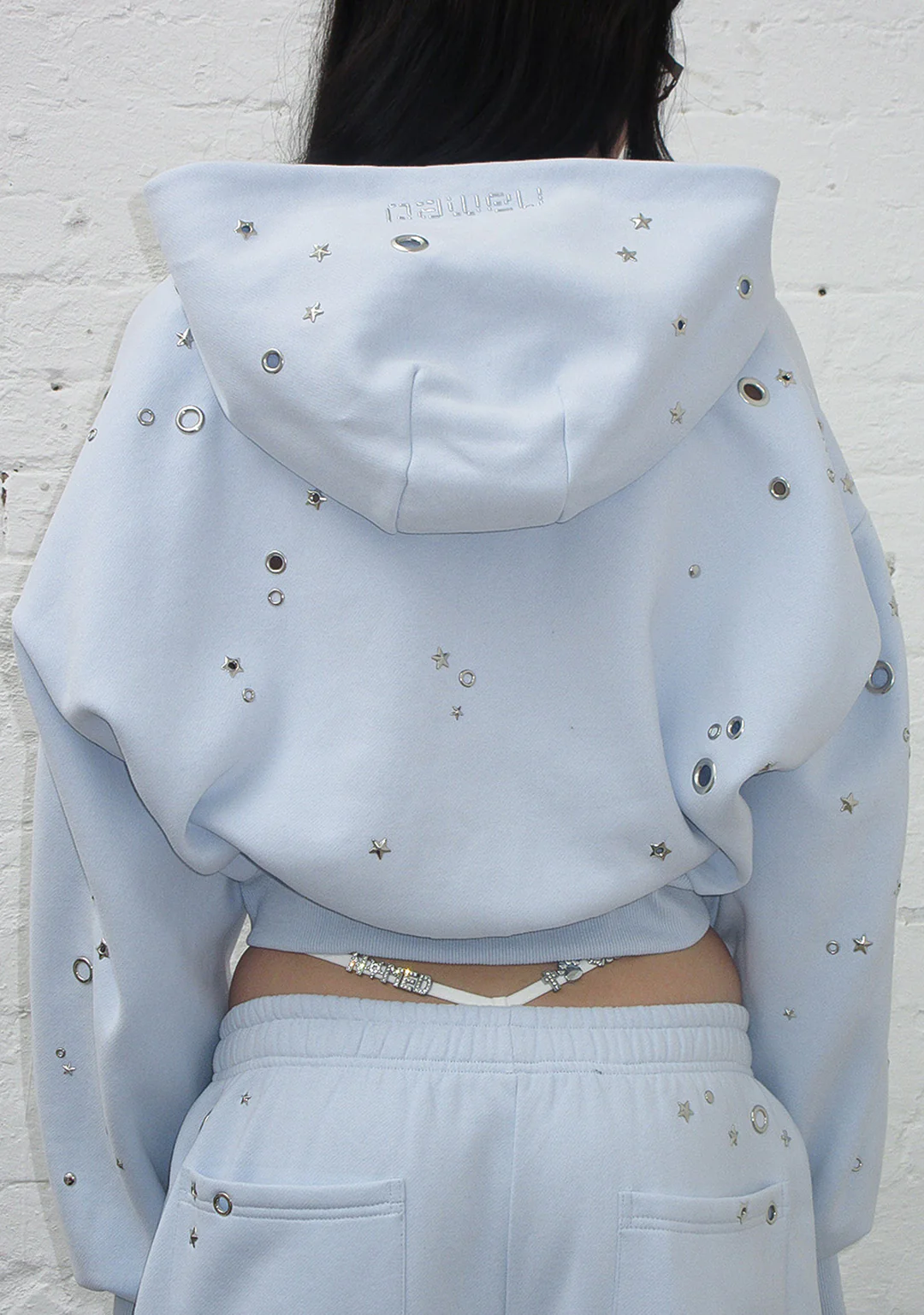 GLITCH EYELET CROP ZIP HOODIE BABY BLUE - Image 3