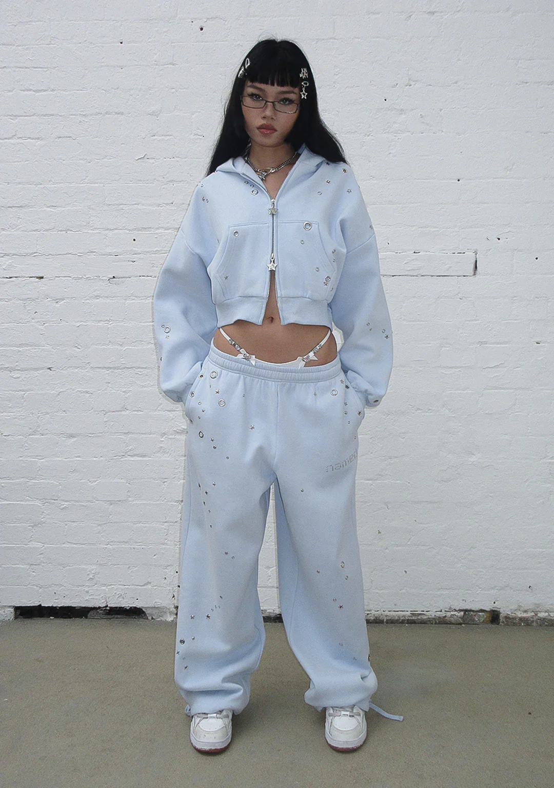 GLITCH EYELET CROP ZIP HOODIE BABY BLUE - Image 4