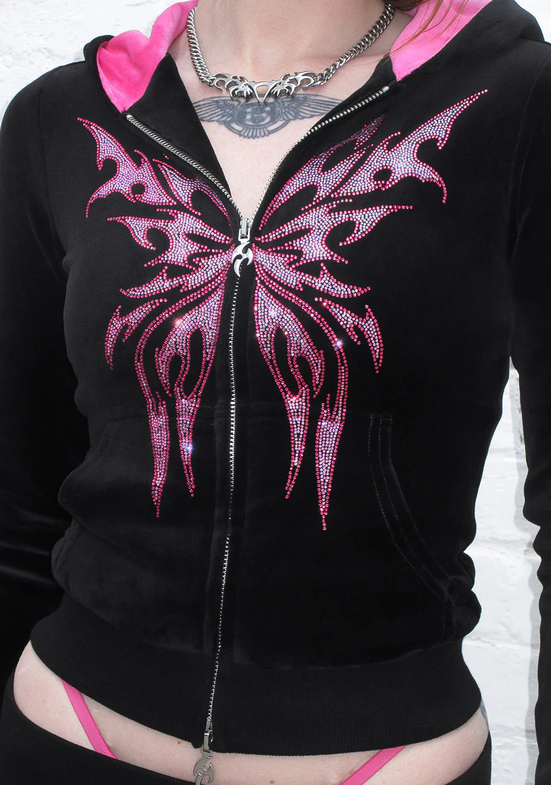 IDOL RHINESTONE VELOUR FITTED ZIP HOODIE BLACK - Image 5
