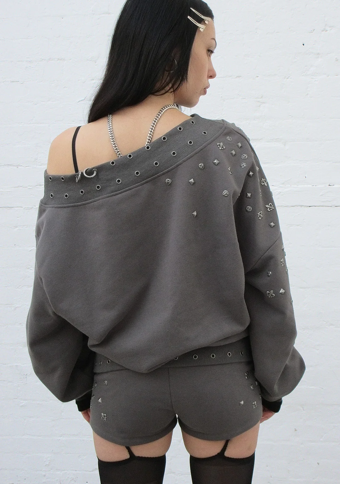 MIDNIGHT STUDDED MICRO HOTPANT SHORTS CHARCOAL - Image 4