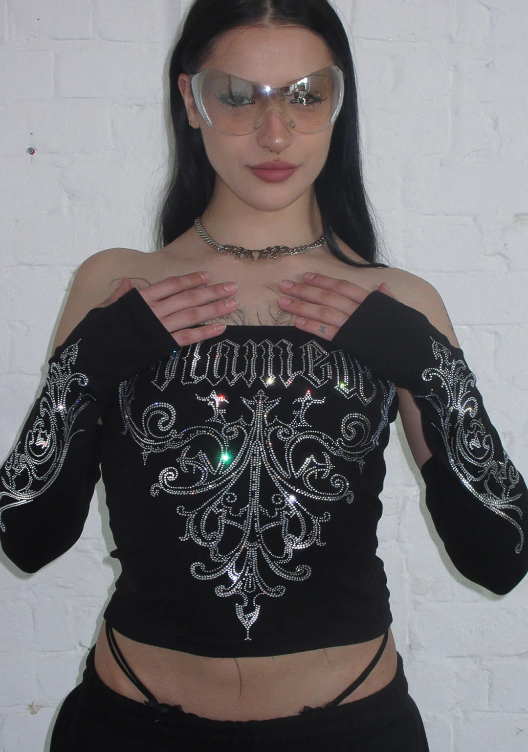 NOCTURNAL RHINESTONE THREE PIECE TUBE TOP SET BLACK (DETACHABLE SLEEVES) - Image 3