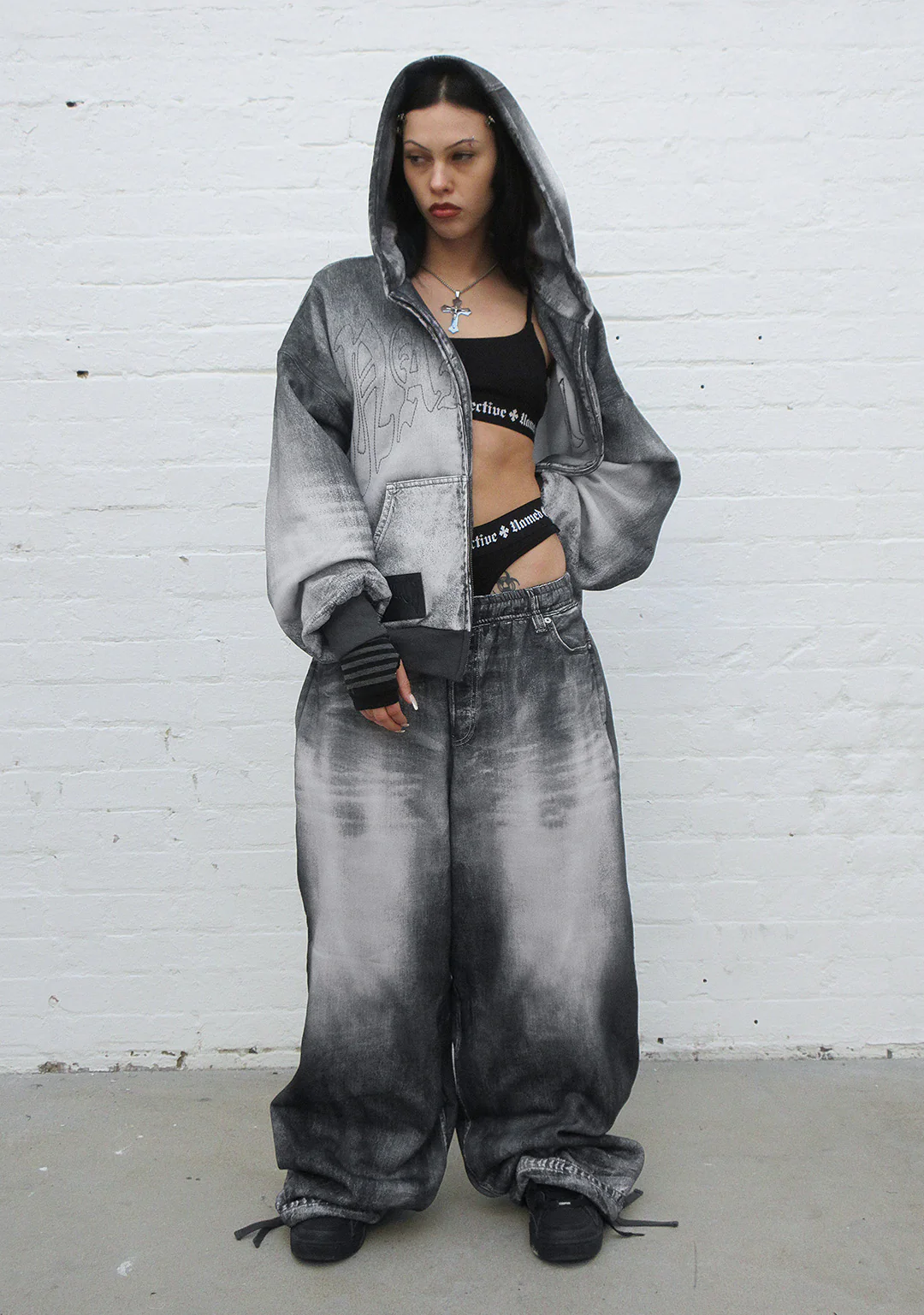 OFF GRID DENIM EFFECT ZIP HOODIE WASHED BLACK - Image 2