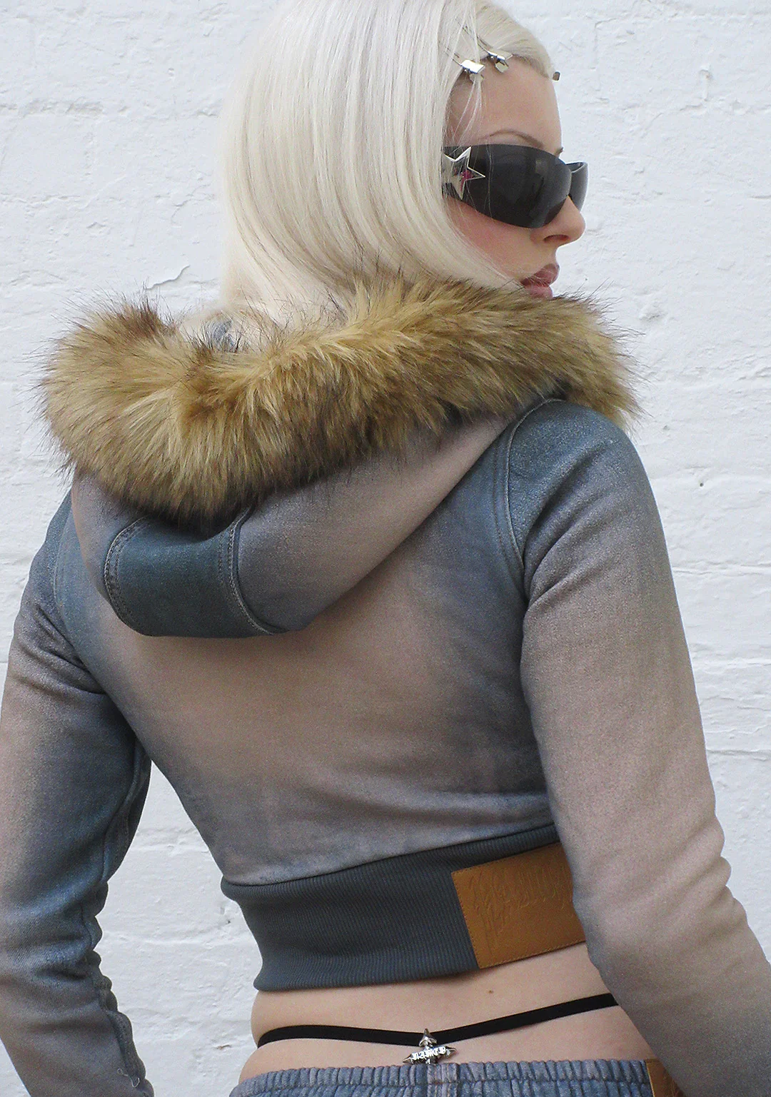 OFF GRID FAUX FUR DENIM EFFECT FITTED ZIP HOODIE WASHED BLUE (DETACHABLE FUR) - Image 3