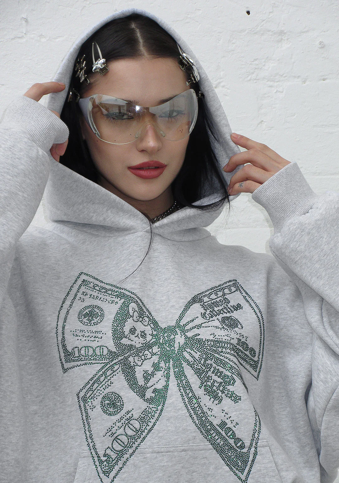 STRANGERS RHINESTONE $ BOW PULLOVER HOODIE GREY MARL - Image 4