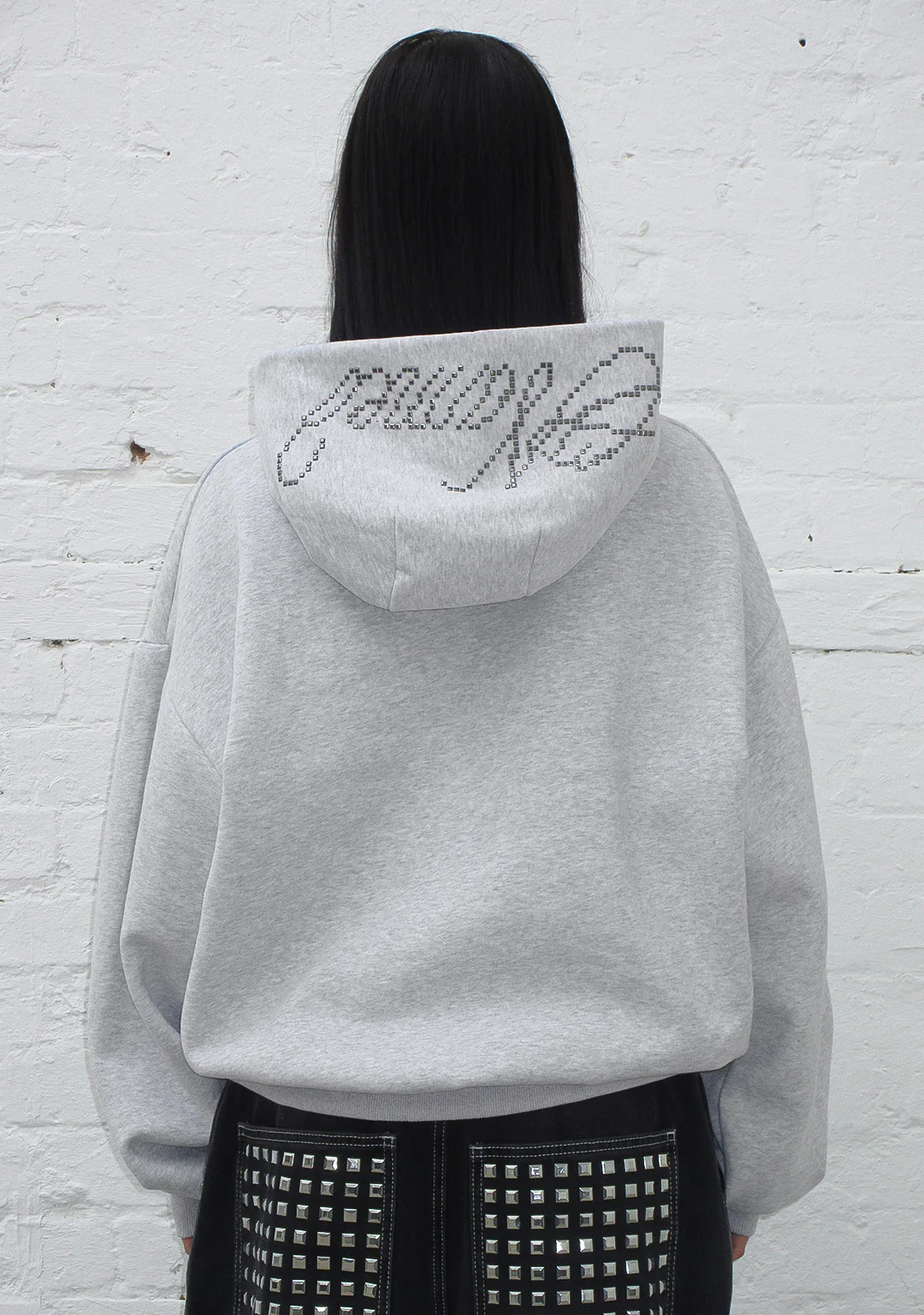 STRANGERS STUDDED SILHOUETTE PULLOVER HOODIE GREY MARL - Image 4