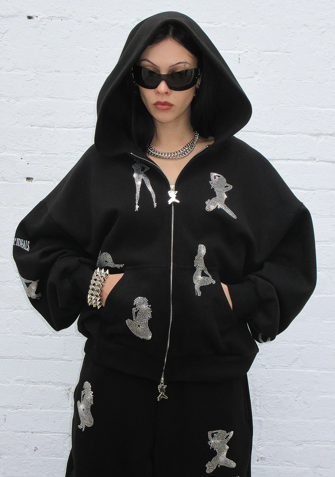 UNREALISTIC IDEALS RHINESTONE ZIP HOODIE BLACK - Image 3